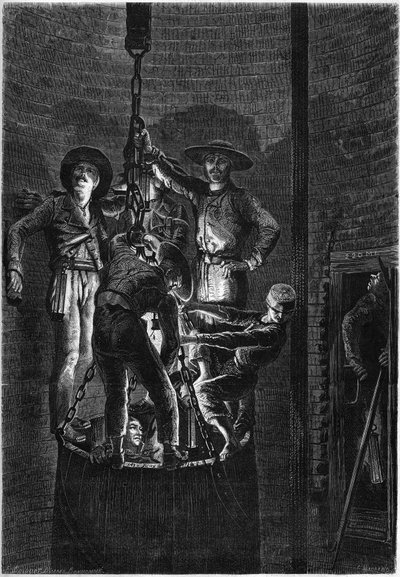 Aspetto interno di un pozzo di miniera di carbone: salita del cassone. 1861. Incisione in "Le Monde Illustré" n.238 del 2 novembre da French School