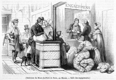 Interno del Mont-de-Piété a Parigi, al Marais: sala degli impegni in "Le Magasin pittoresque" n. 6 di giugno 1842 da French School