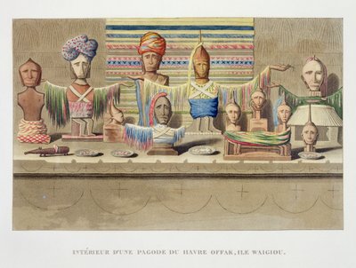 Interno di una Casa degli Spiriti, Offak Harbour, Isola di Waigiou, da Voyage autour du Monde, eseguito per Ordine del Re sulla Corvetta di Sua Maestà, La Coquille durante gli anni 1822, 1823, 1824 e 1825 da French School