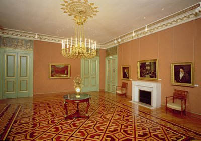 Interno di un salone con pavimento intarsiato, XVIII-XIX secolo da French School