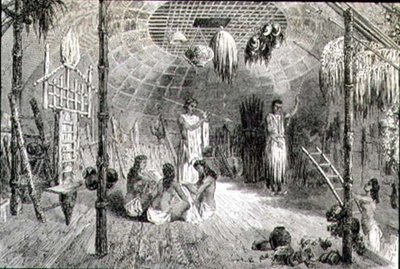 Interno di una capanna indiana negli anni 1860 (incisione) da French School