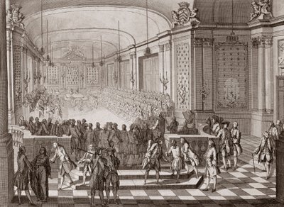 Veduta interna della Sala dei Giacobini, a Nantes, durante la tenuta degli Stati Uniti di Bretagna nel 1764. da French School