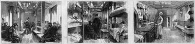 Vista interna del carro ambulanza e del carro cucina di un treno medico della Società francese di soccorso ai militari feriti. Incisione in "Le Monde Illustré" n.846 del 28 giugno 1873 da French School