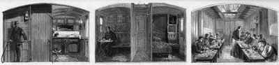 Vista interna del vagone medico e del vagone refettorio di un treno medico della Società francese di soccorso ai militari feriti. Incisione in "Le Monde Illustré" n. 846 del 28 giugno 1873 da French School