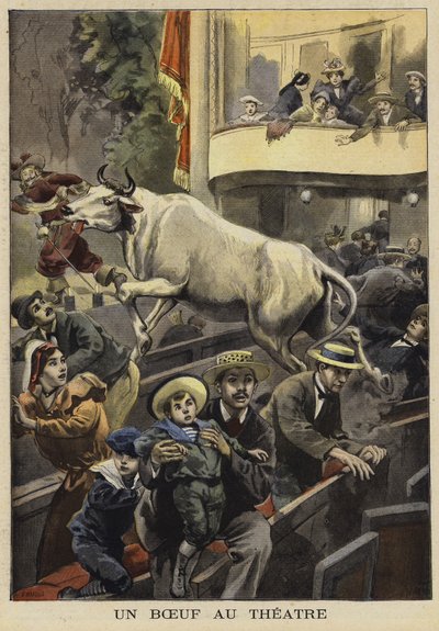 Interruzione di una rappresentazione teatrale da parte di un bue, Villefranche-de-Lauragais, Francia, 1897 da French School