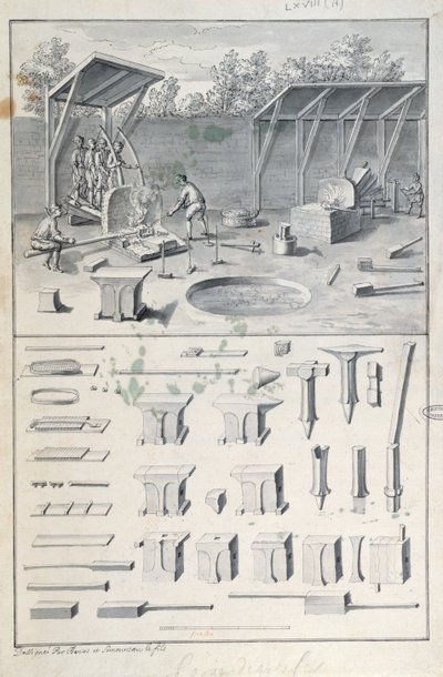 Fucina del ferro, disegno per la Description des Arts et Métiers, di L. Simonneau, che ispirò Diderot per l