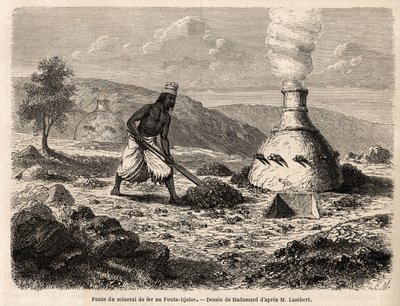 Fusione del minerale di ferro a Fouta Djalon, Senegal, disegno di Hadamard per illustrare il viaggio del tenente Lambert a Fouta Djalon nel 1860. Incisione in "Le tour du monde" 1861. Collezione Selva. da French School