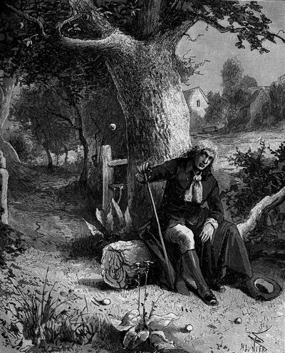 Isaac Newton (1642-1727), matematico e astronomo inglese, scopre la nozione di gravità terrestre attraverso una mela che cade da un melo di Woolsthorpe da French School