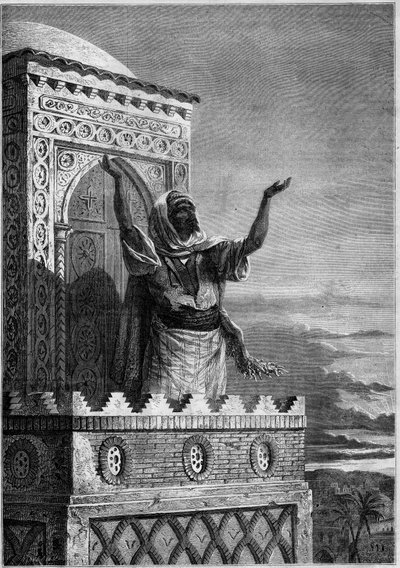 Islam: Muezzin che chiama i fedeli alla preghiera serale dal minareto di una moschea in Africa. Incisione in 