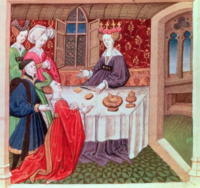 Isotta che implora la Regina Ginevra per protezione, Roman du Chevalier Tristan da French School