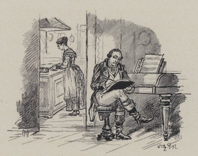 Il compositore italiano Gioachino Rossini che compone a casa da French School