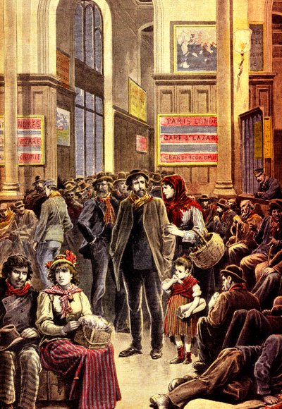Emigranti italiani a Parigi nella stazione ferroviaria di Gare Saint Lazare nel marzo 1896 (incisione) da French School