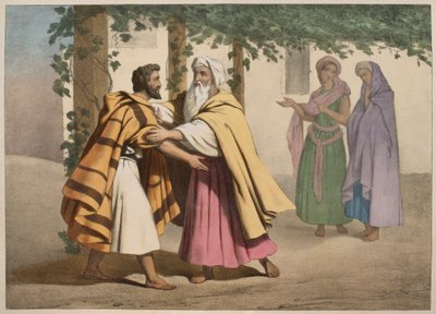 Giacobbe con Labano e le sue figlie, illustrazione da un catechismo L