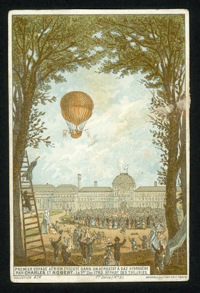 Jacques Charles e Marie-Noel Robert che fanno la prima ascesa in un pallone a idrogeno, Parigi, 1 dicembre 1783 da French School