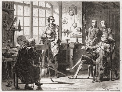James Watt (inventore della macchina a vapore nel 1769) nel suo negozio di Glasgow - in "Album della Scienza; illustri scienziati; Grandi scoperte" 1896. da French School
