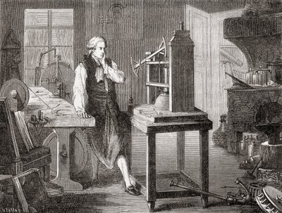 James Watt nel suo laboratorio di Glasgow migliora il motore a vapore di Thomas Newcomen del 1712 con il suo motore a vapore Watt nel 1781, da Les Merveilles de la Science, pub.1870 da French School