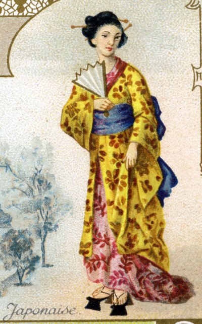 Donna giapponese. Edizione della litografia parigina, fine XIX secolo. Serie di 25 cromolitografie pubblicitarie per la fabbrica di biscotti Pernot di Digione, creata nel 1869. (dettaglio) da French School