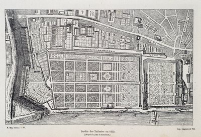 Jardin des Tuileries nel 1652 (dopo il piano di Gomboust) - in "Paris à travers les siècles", di H. Gourdon de Genouillac, ed. F. Roy, Parigi da French School