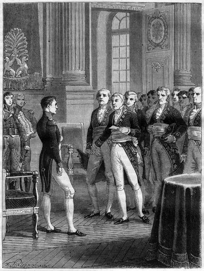 Discorso di Jean-Pierre-Louis de Fontanes con il Primo Console Napoleone Bonaparte in occasione del completamento del Codice Civile, Parigi da French School