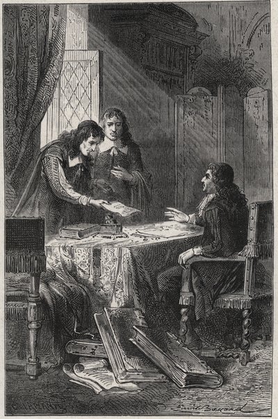 Jean Chapelain (1595-1674) poeta e critico letterario francese e Pierre Costar (1603-1660) consegnano a Jean Baptiste Colbert (1619-1683) una lista di scrittori meritevoli di pensione dal re - incisione in "Les Hommes Celebres de la France" di Louis Dumas da French School