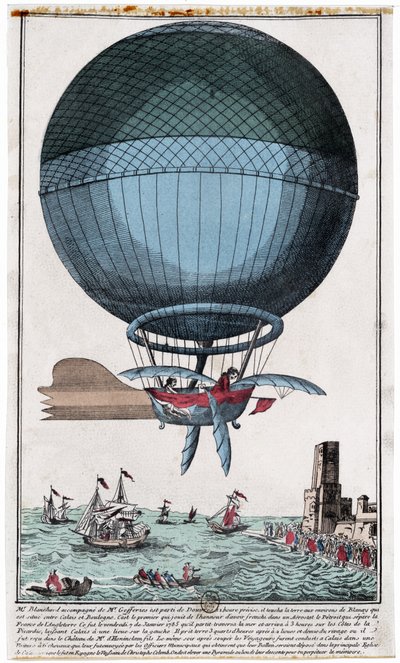 Jean Pierre Blanchard (1753 - 1809) e John Jefferies (1745 - 1819) arrivano a Calais dopo aver attraversato la Manica in mongolfiera il 7 gennaio da French School