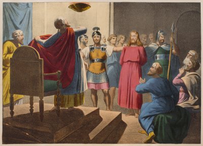 Gesù Cristo davanti a Caifa, illustrazione da un catechismo L