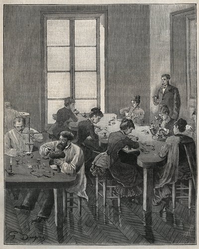 Laboratorio di gioielleria a Parigi nel XIX secolo. Incisione del 1885 in "Les arts et métiers illustrés" di Adolphe Bitard da French School