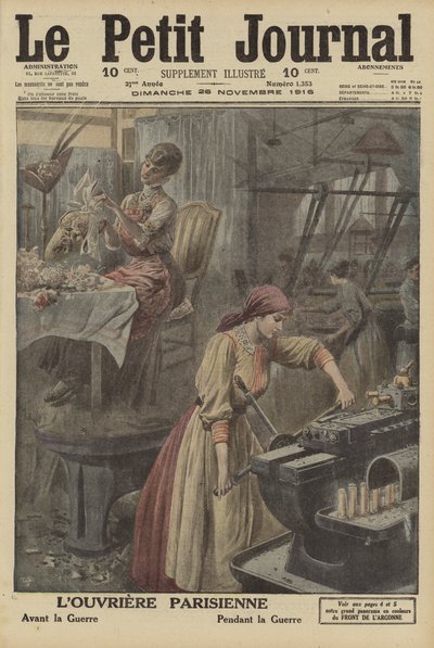 Lavori svolti dalle lavoratrici parigine prima e durante la Prima guerra mondiale (litografia a colori) da French School