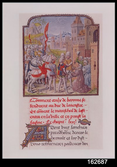 Giovanni di Gaunt accolto dai cittadini di Bayonne alle porte della città, dal Cronache di Froissart, fine XV secolo da French School