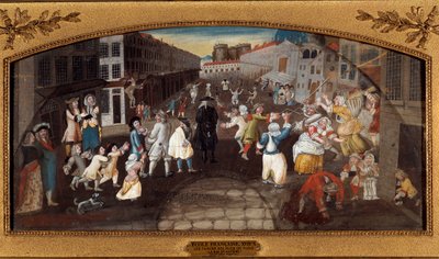 Scherzi dalle strade di Parigi: La Rue Saint-Antoine. Passanti, adulti e bambini, che si divertono e litigano. Sullo sfondo si vede la prigione della Bastiglia. Dipinto da French School