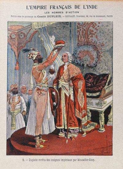 Joseph Francois Dupleix (1697-1763) riceve le insegne imperiali da un sovrano indiano, copertina di quaderno scolastico c.1900 da French School