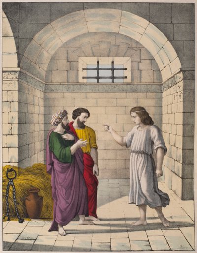 Giuseppe in prigione spiega i sogni del capo panettiere e del capo coppiere, illustrazione da un catechismo L