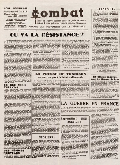 Giornale COMBAT - numero 54 - febbraio 1944 - organo dei movimenti di resistenza uniti. (giornale clandestino) - Dove andrà la resistenza da French School