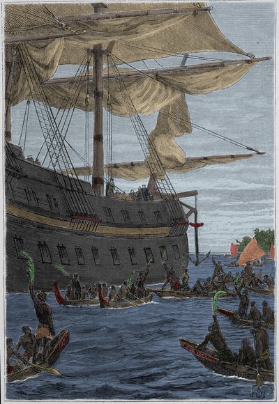 Viaggio di Samuel Wallis (1728-1795) in Polinesia: indigeni che tengono rami di banana in mano come saluto di benvenuto - illustrazione tratta da 