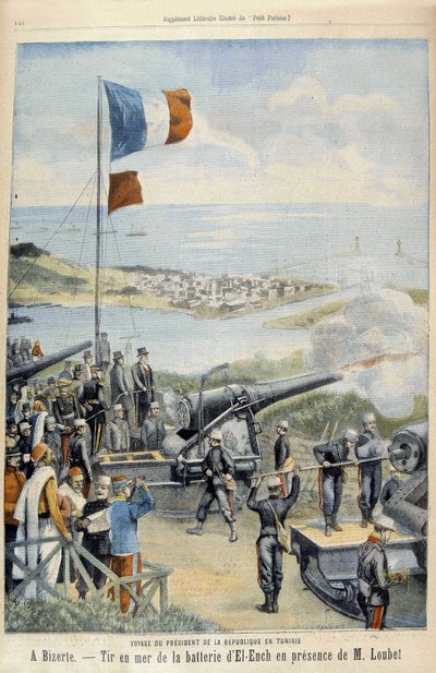 Viaggio del Presidente della Repubblica in Tunisia: a Biserta, tiro a mare dalla batteria di El-Ench alla presenza di Mr Loubet - in "Le Peute Parisien" del 03/05/1903 da French School