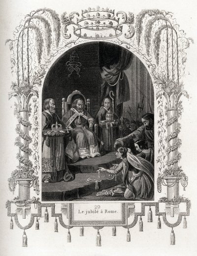 Giubileo a Roma nel 1450, durante il pontificato di Niccolò V. Incisione per illustrare Histoire des popes di Maurice Lachatre, librairie du progres, Parigi. da French School