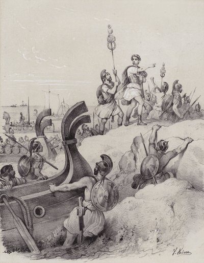 Giulio Cesare e i Romani sbarcano nel Kent nella loro prima invasione della Britannia, 55 a.C. da French School