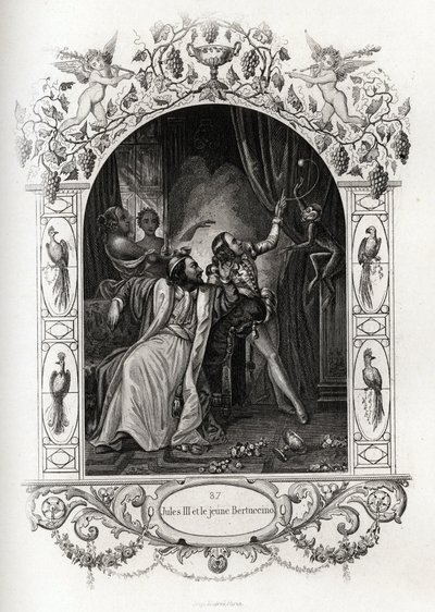 Giulio III (Giulio) (papa dal 1550 al 1555) e il giovane Bertuccino, lo spettacolo delle scimmie. Incisione per illustrare Histoire des popes di Maurice Lachatre (1814-1900), libreria del progresso, Parigi da French School