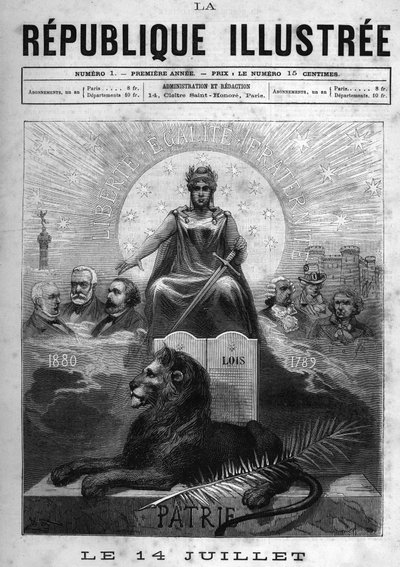 14 luglio: Allegoria della Repubblica Francese. Una donna coronata di alloro e con una spada. Ai suoi piedi, un leone, una palma e la tavola delle leggi. Sopra di lei, il motto della Repubblica "Libertà, Uguaglianza, Fraternità". Ai lati, intellettuali e p da French School