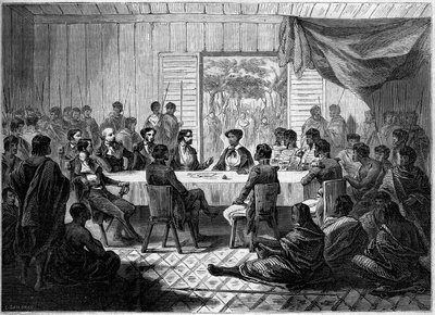 Kabar (incontro) di ufficiali francesi e capi malgasci rappresentanti la regina Ranavalo Manjaka I (Ranavalona). Madagascar da French School