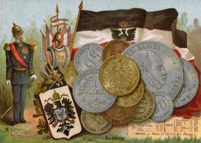 Kaiser Guglielmo I accanto alla bandiera del Regno di Prussia e una vetrina di marchi tedeschi, c.1890 da French School