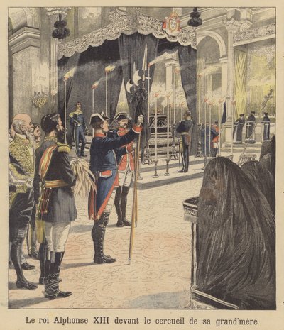 Il re Alfonso XIII di Spagna davanti alla bara della nonna, la regina Isabella II (litografia a colori) da French School