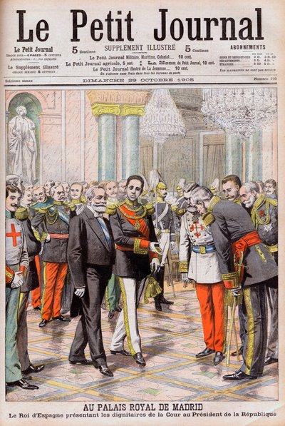 Re Alfonso XIII di Spagna presenta la sua corte al presidente Emile Loubet di Francia al Palazzo Reale di Madrid. Al Palazzo Reale di Madrid. Il re di Spagna Alfonso XIII presenta i dignitari della corte al presidente della Repubblica Loubet da French School