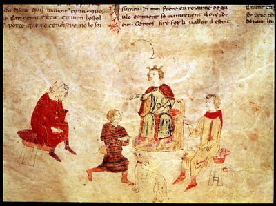 Re Artù sul suo trono circondato dai suoi consiglieri, dal Roman de Meliadus da French School