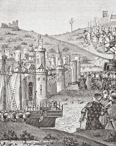 Re Carlo VII, lasciando Rouen, si prepara ad assediare la città di Harfleur, da una miniatura del manoscritto del XV secolo Chroniques de Monstrelet, da Scienza e Letteratura nel Medioevo di Paul Lacroix, pub. Londra 1878 da French School