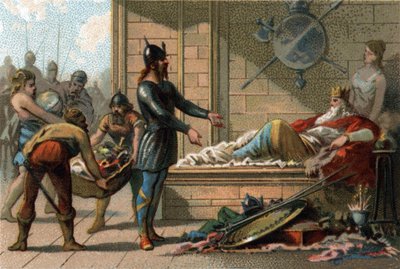 Re Clodoveo III detto Il Fannullone, re di Francia dal 691 al 695. Cromolitografia intorno al 1890 da French School
