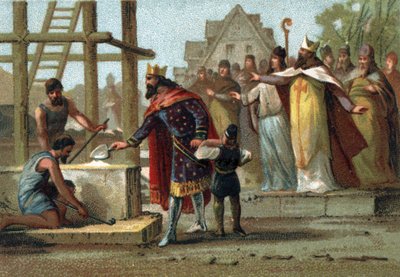 Re Dagoberto I (600-639) supervisiona la costruzione della Cattedrale di Saint Denis. da French School