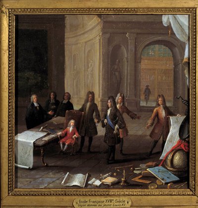 Re Luigi XV (1710-1774) bambino che riceve una lezione alla presenza del cardinale Fleury e del reggente Filippo II duca d