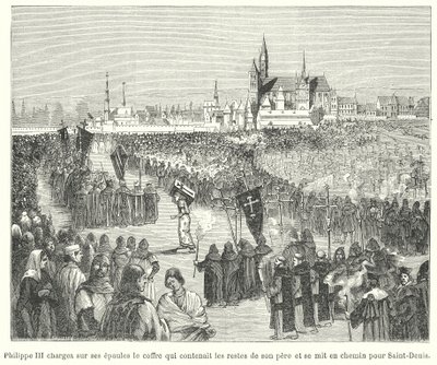 Re Filippo III di Francia che porta le ossa di suo padre, Luigi IX, alla sua sepoltura nella Basilica di St Denis, Parigi da French School
