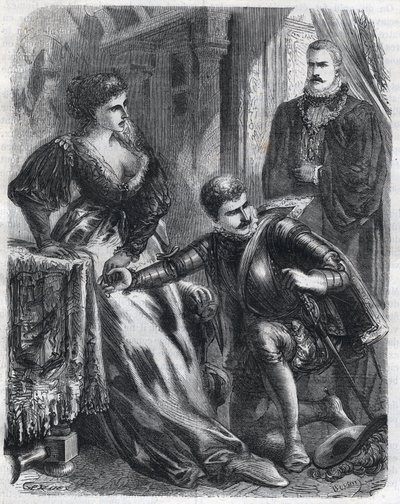 Il re Filippo II (1527-1598) sorprende suo figlio, il principe Don Carlos (1545-1568), mentre tenta di violare la sua matrigna, la regina Elisabetta (1545-1568) (Elisabetta di Francia o Isabella di Valois), 17 gennaio da French School